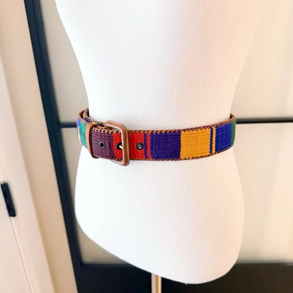 90s Vintage Woven Southwest Belt Aztec Mexican Festival Boho Hippie Leather N